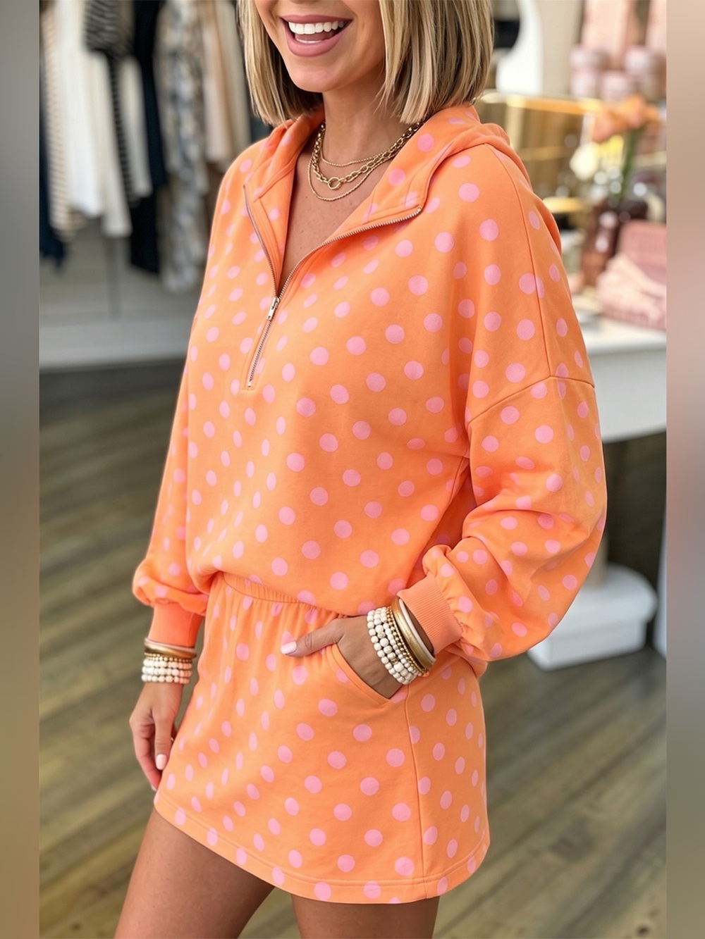Polka Dot Quarter-Zip Hoodie and Skirt Set